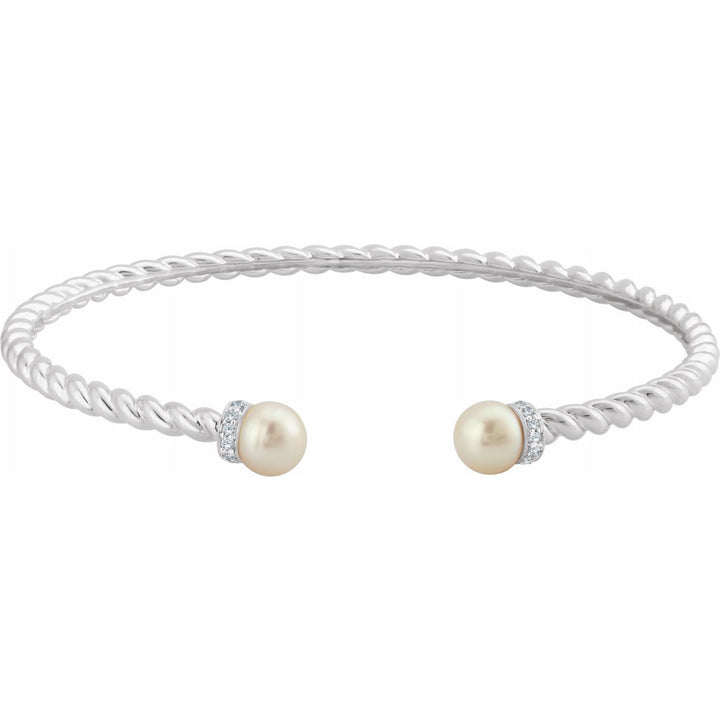 Cultured Pearl Cuff Style Bangle Bracelet With a Twist Rope Design