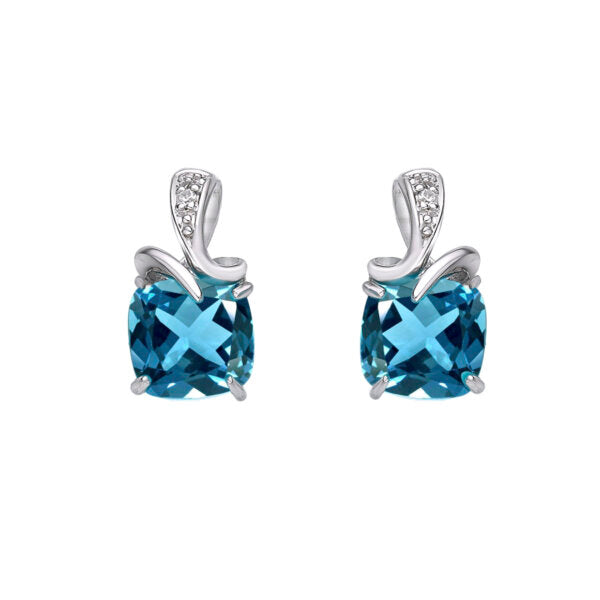 Cushion cut Swiss Blue Topaz and Diamond Studs