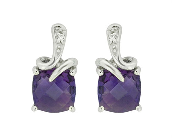 White Gold Cushion cut Amethyst and Diamond Earrings