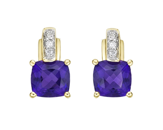 Earrings set in 10Kt Yellow Gold with Cushion cut Amethyst