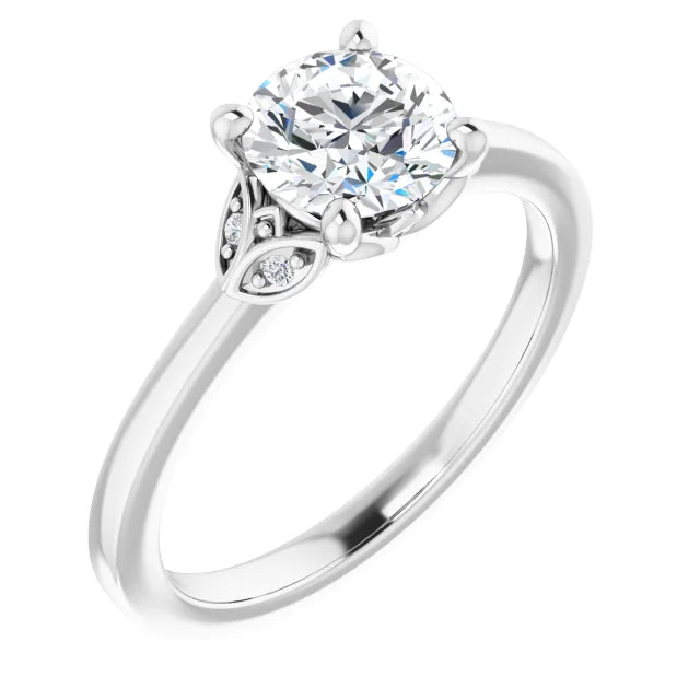 4 Claw Round Diamond Solitaire Ring  With Floral Diamond Accent