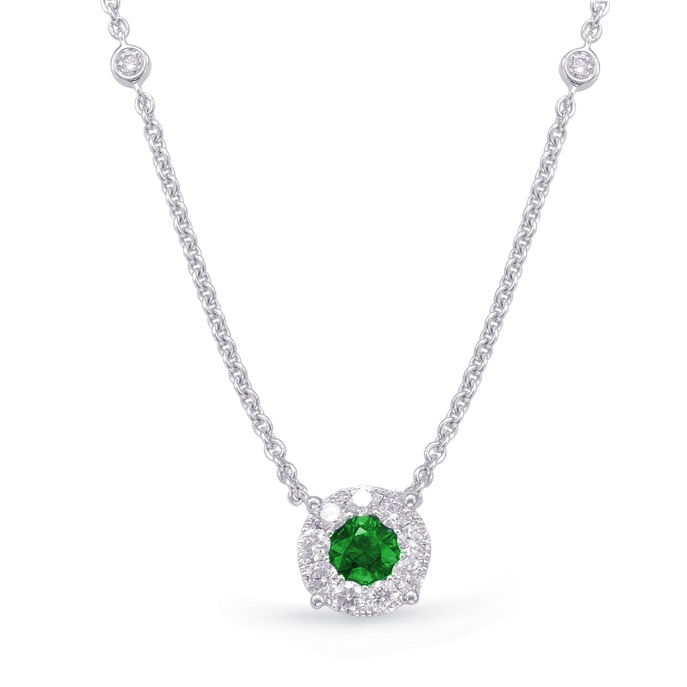 Emerald and Diamond Halo White Gold Necklace