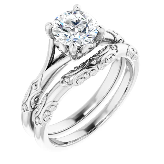 Round Diamond Solitaire Ring With Fancy Grooved Design Shoulders