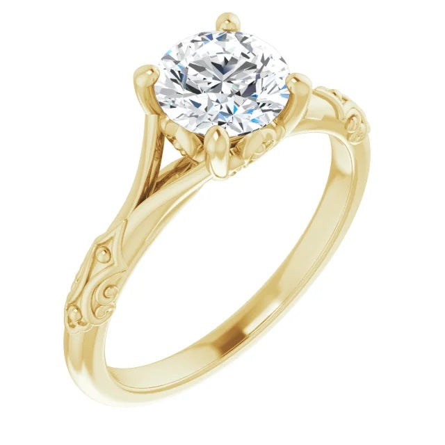 Round Diamond Solitaire Ring With Fancy Grooved Design Shoulders