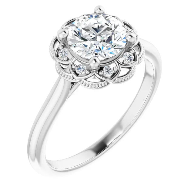 Round Diamond Solitaire Floral Halo Engagement Ring