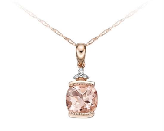 This Stunning 10Kt Rose Gold Cushion cut Morganite Pendant is accented by a Diamond with a total carat weight of 0.007ct. Cushion cut Morganite Gemstone is est. 6x6MM in size and est. 0.75ct. Diamonds are SI clarity, H color. Chain included!